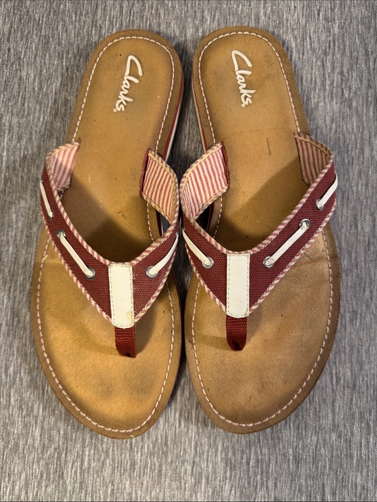 Clarks Shoes - Clarks Women’s Red and White Leather Thong Sandals - Casual Slip-On